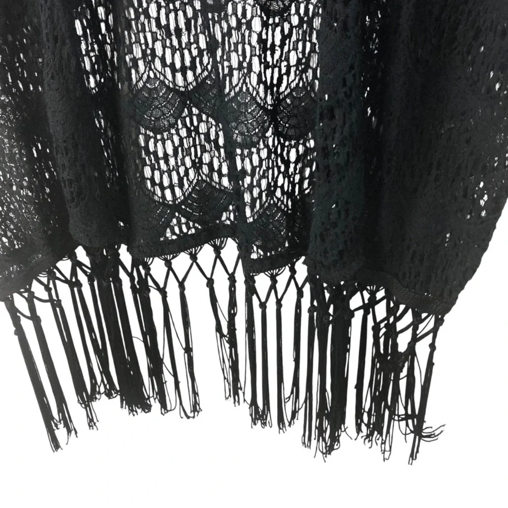 Active Whimsigoth Sz S Black Crochet Boho Fringe Sweater Shrug Cardigan Cotton
